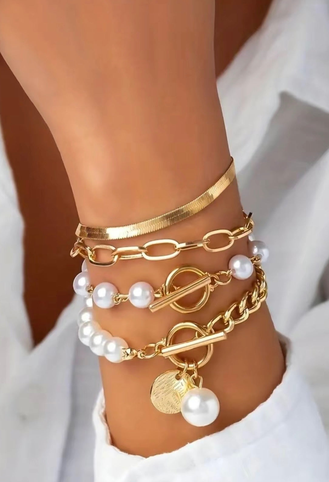 Gold and Pearl Bracelet Set