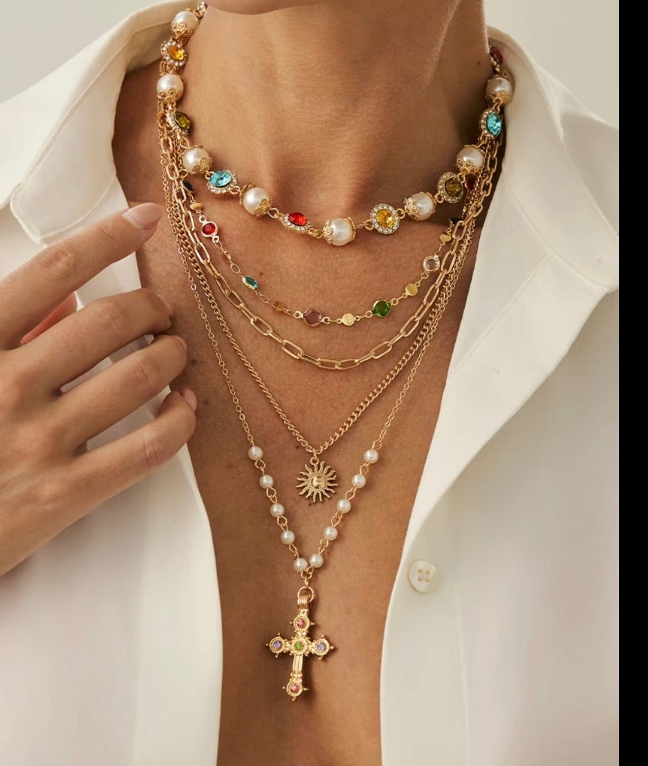 Boho Layered Cross Colorful Crystal