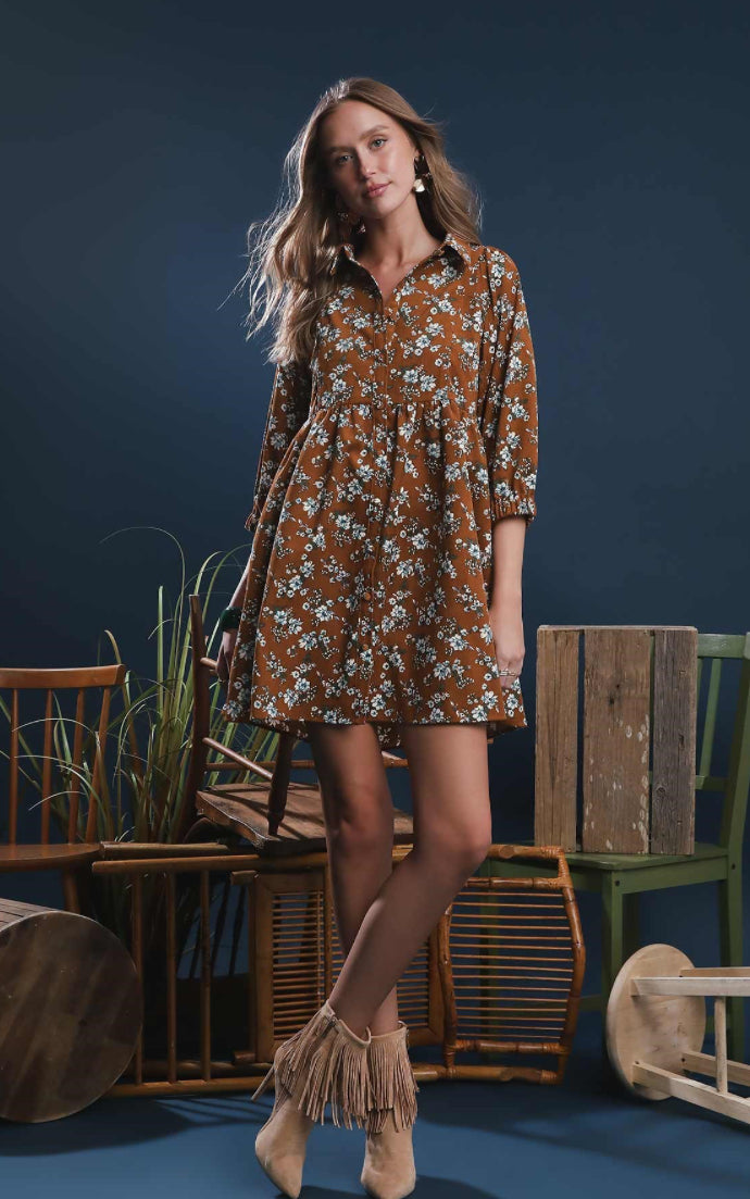 Iris Floral Corduroy Babydoll Dress