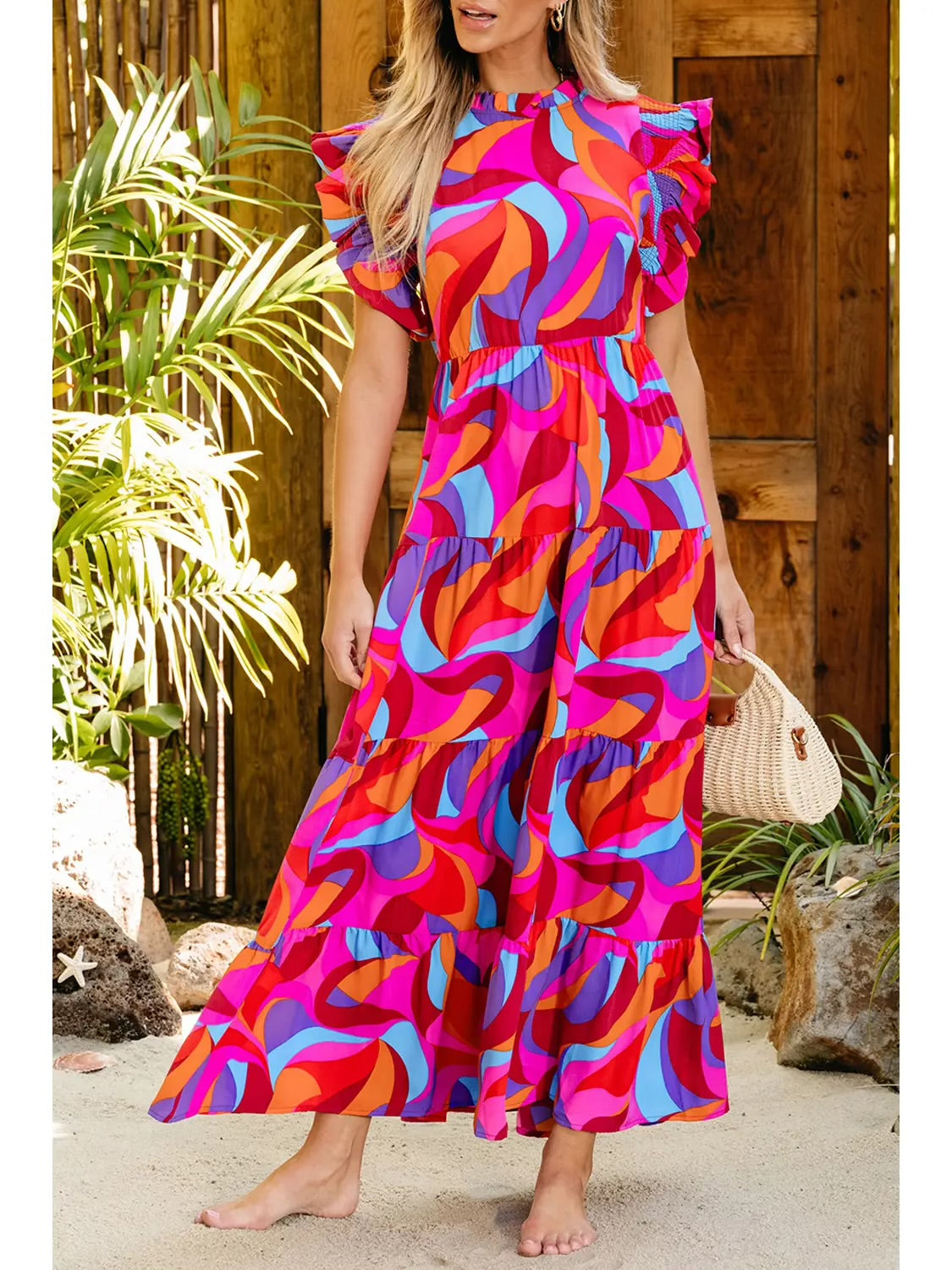 Lana Abstract Printed High Waist Ruffled Tiered Long Dress