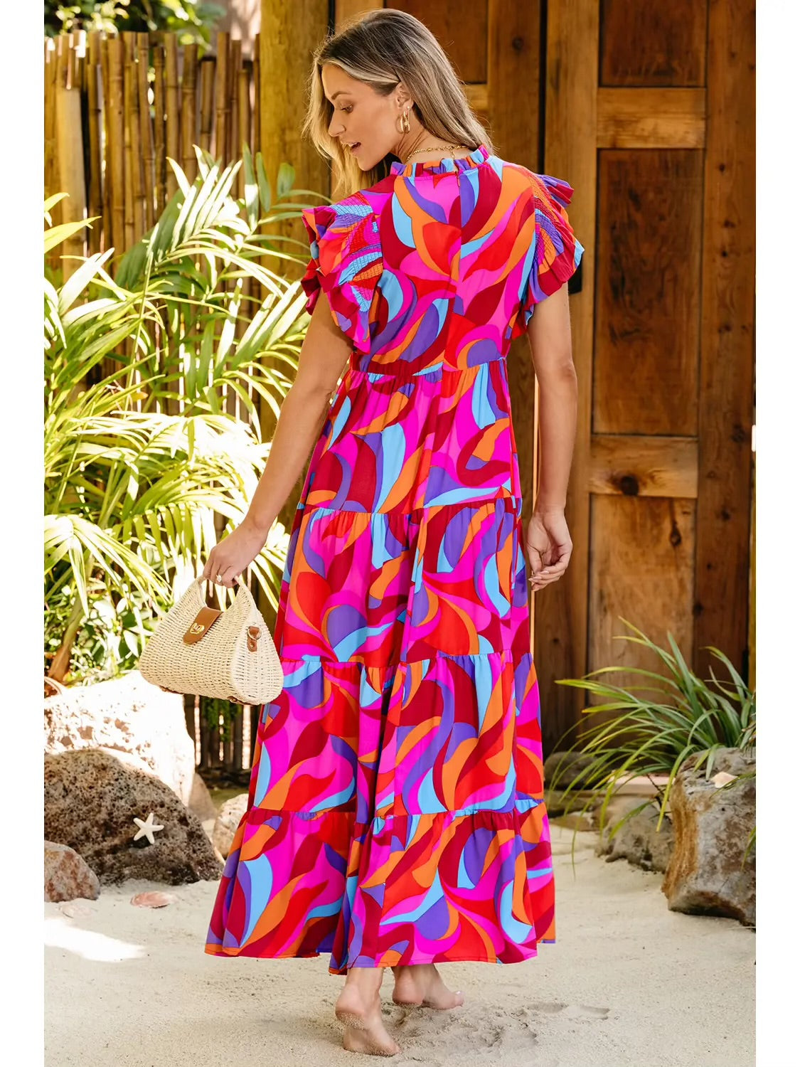 Lana Abstract Printed High Waist Ruffled Tiered Long Dress