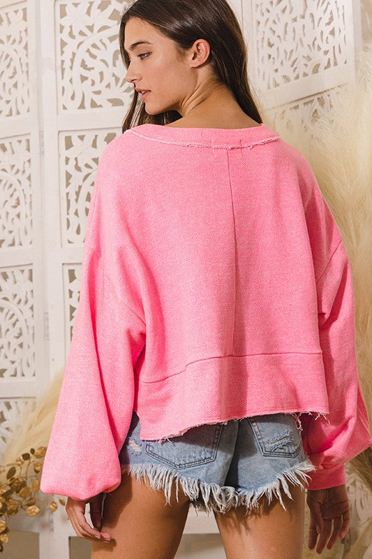 Distressed Long Sleeve Button- Up Cropped Top
