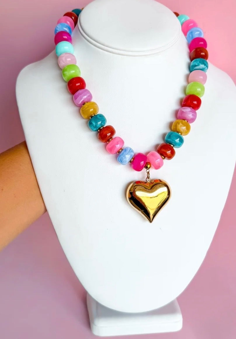 Chunky Beaded Necklace with Heart Charm
