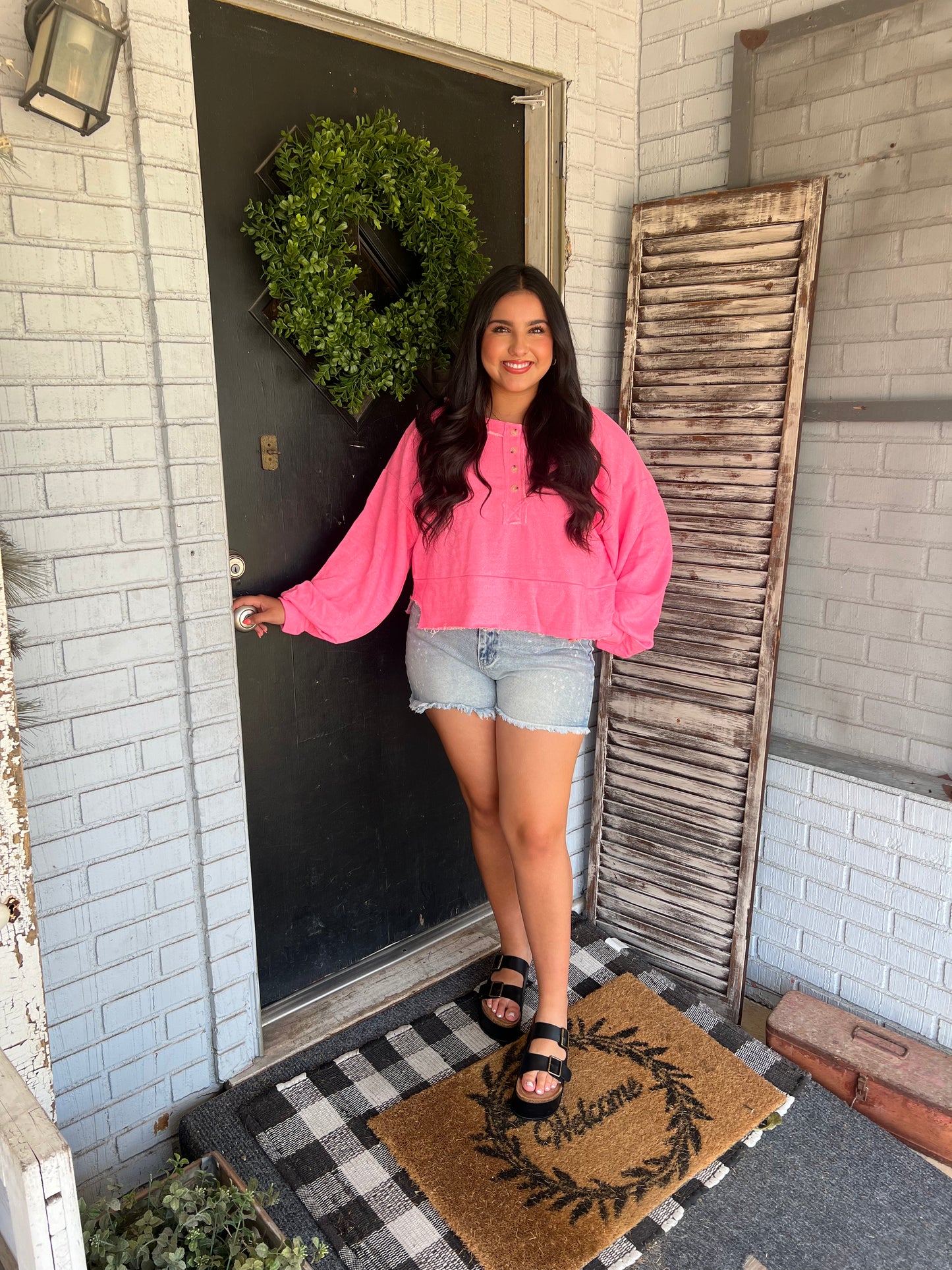 Distressed Long Sleeve Button- Up Cropped Top