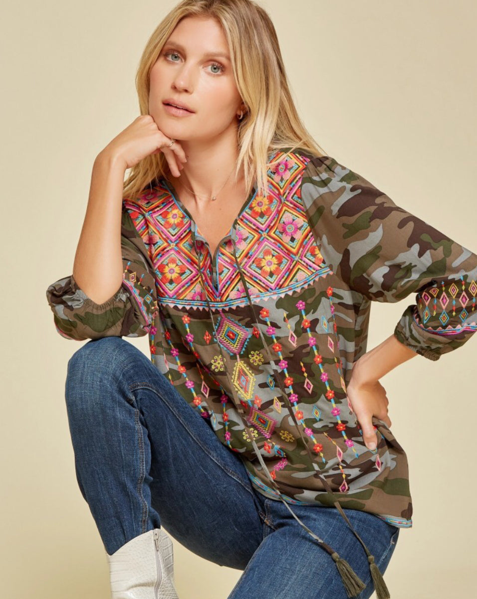 Savanna Jane Camo Embroidered Top
