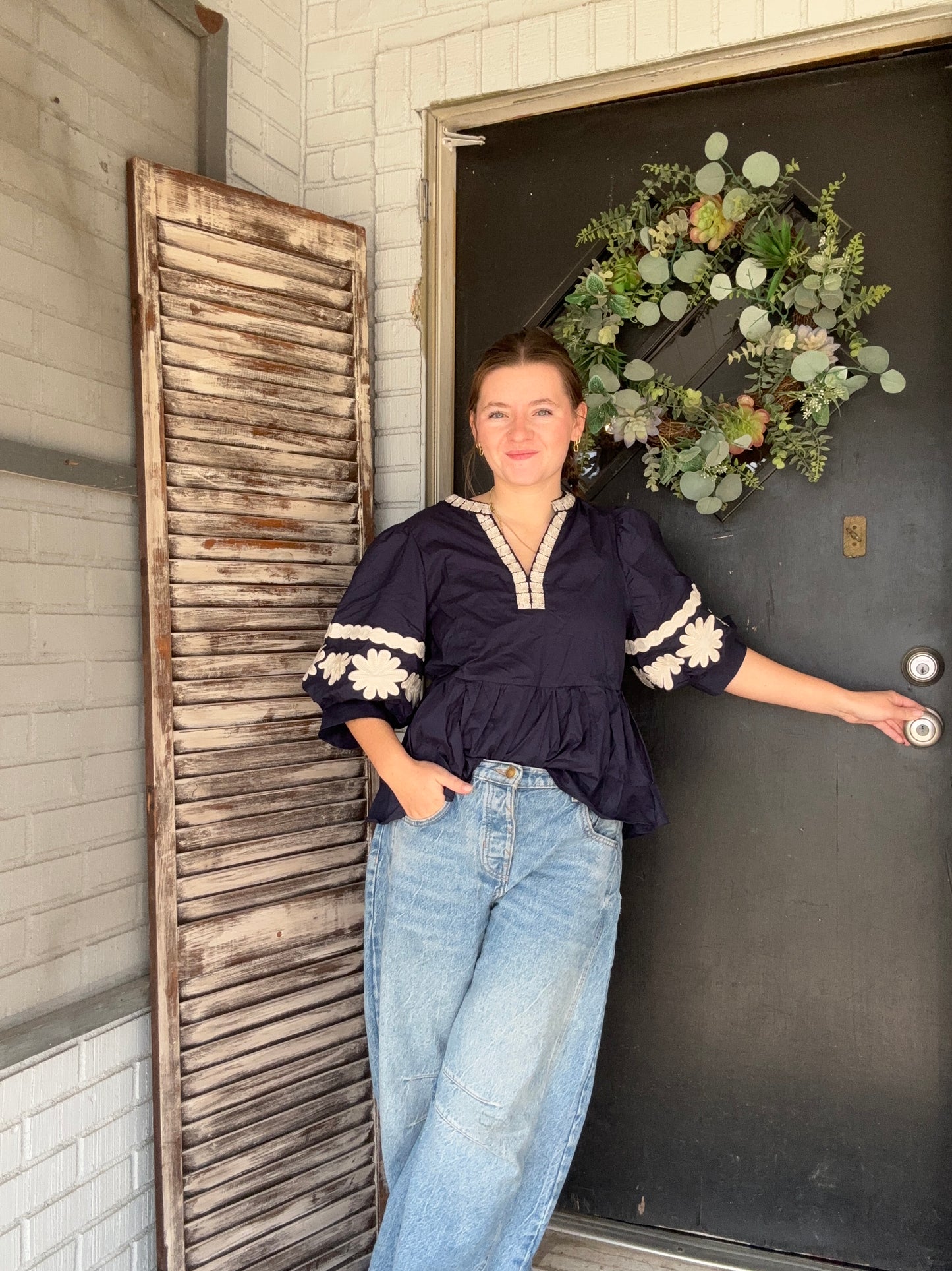 Nora Navy Embroidered Top