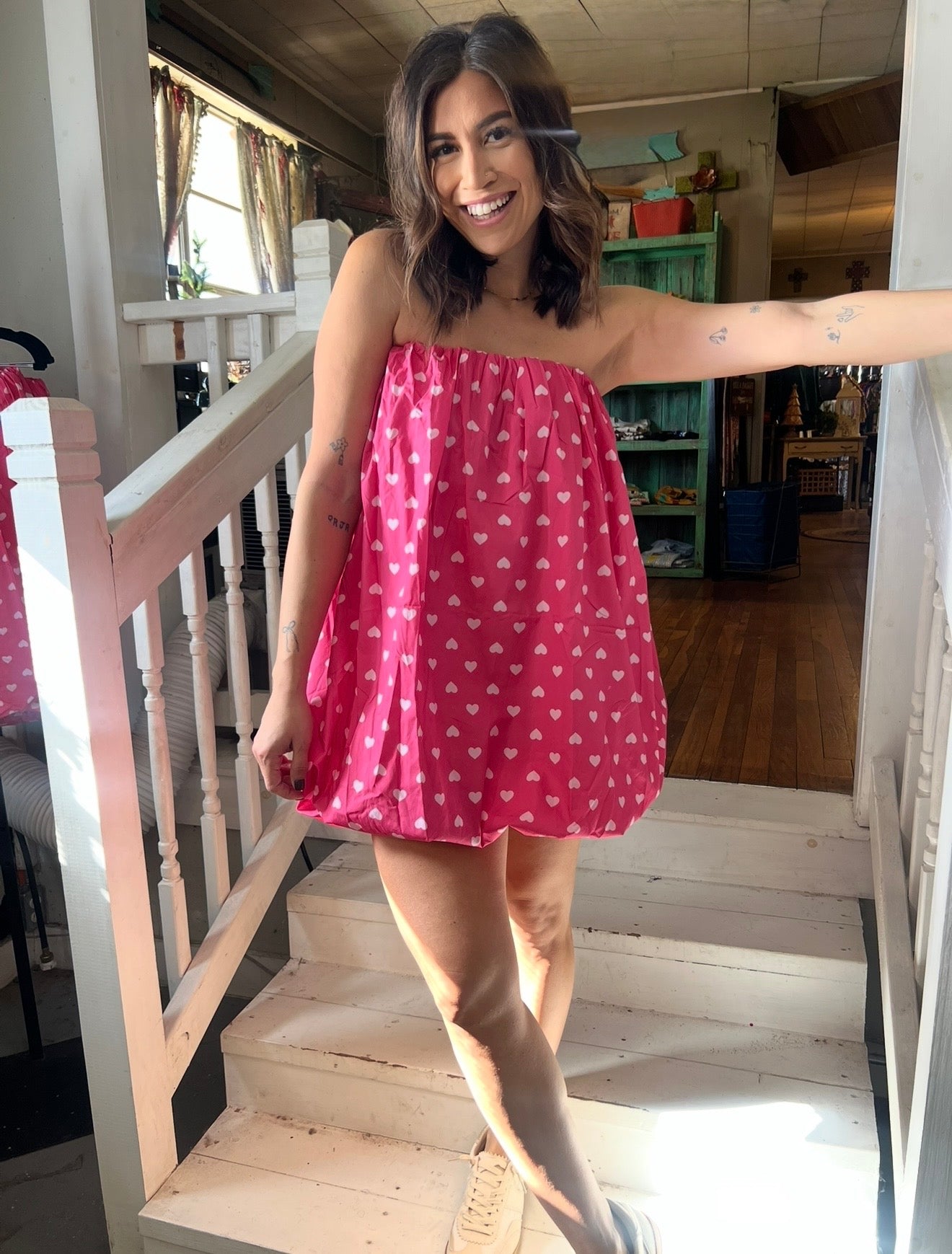Strapless Heart Print Balloon Dress