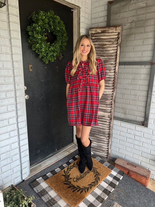 Plaid Puff Sleeve Mini Dress