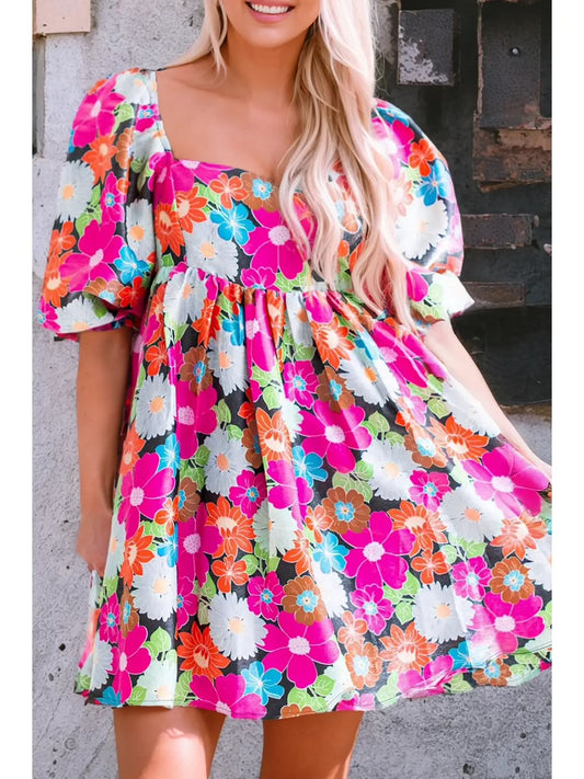 Floral Print Square Neck Short Puff
Sleeve Dress