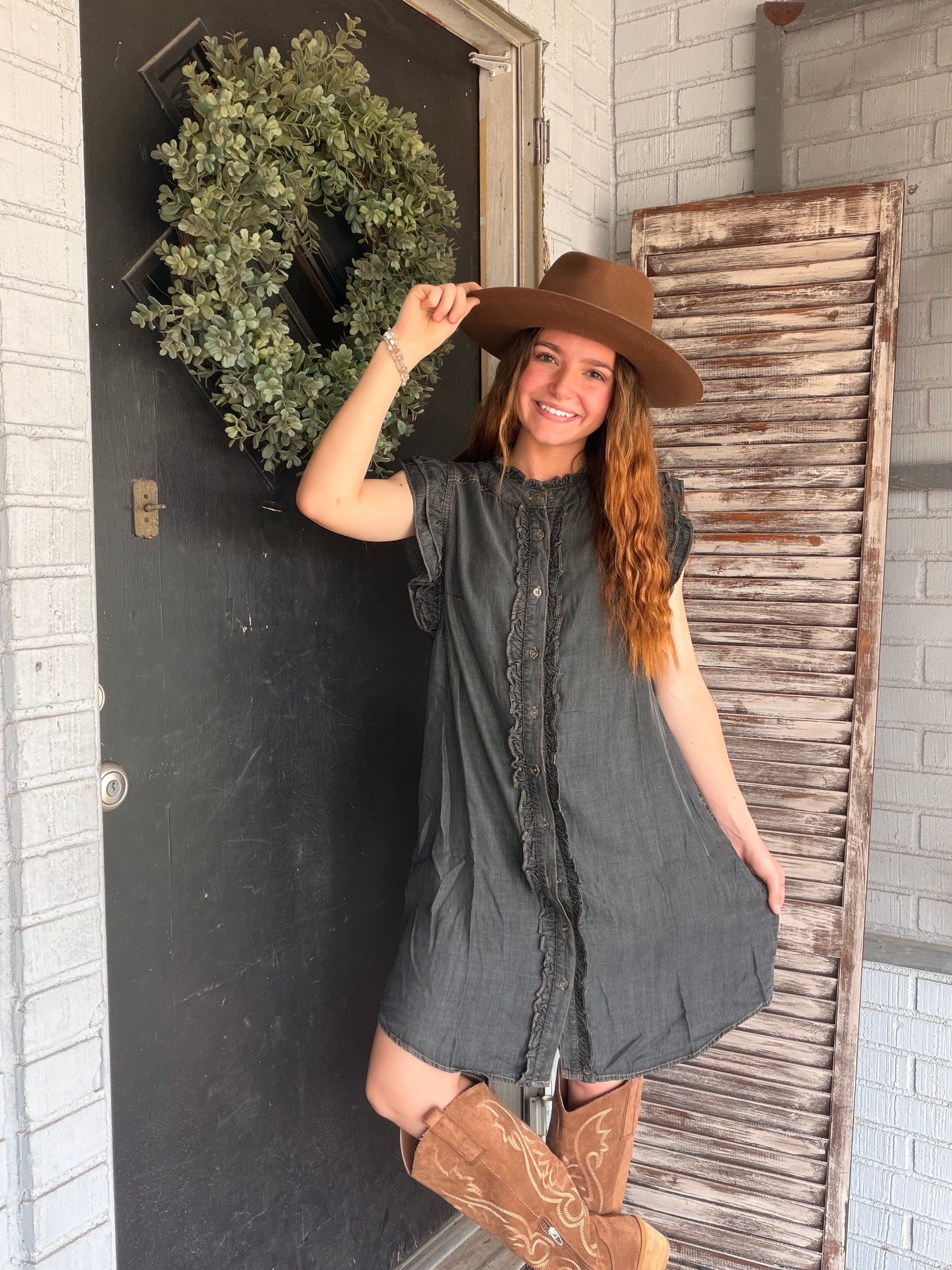 Denim Ruffle Sleeve Dress Large