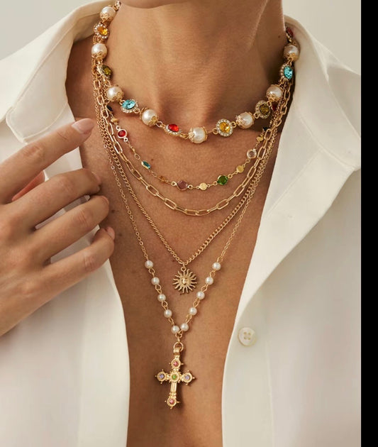 Boho Layered Cross Colorful Crystal