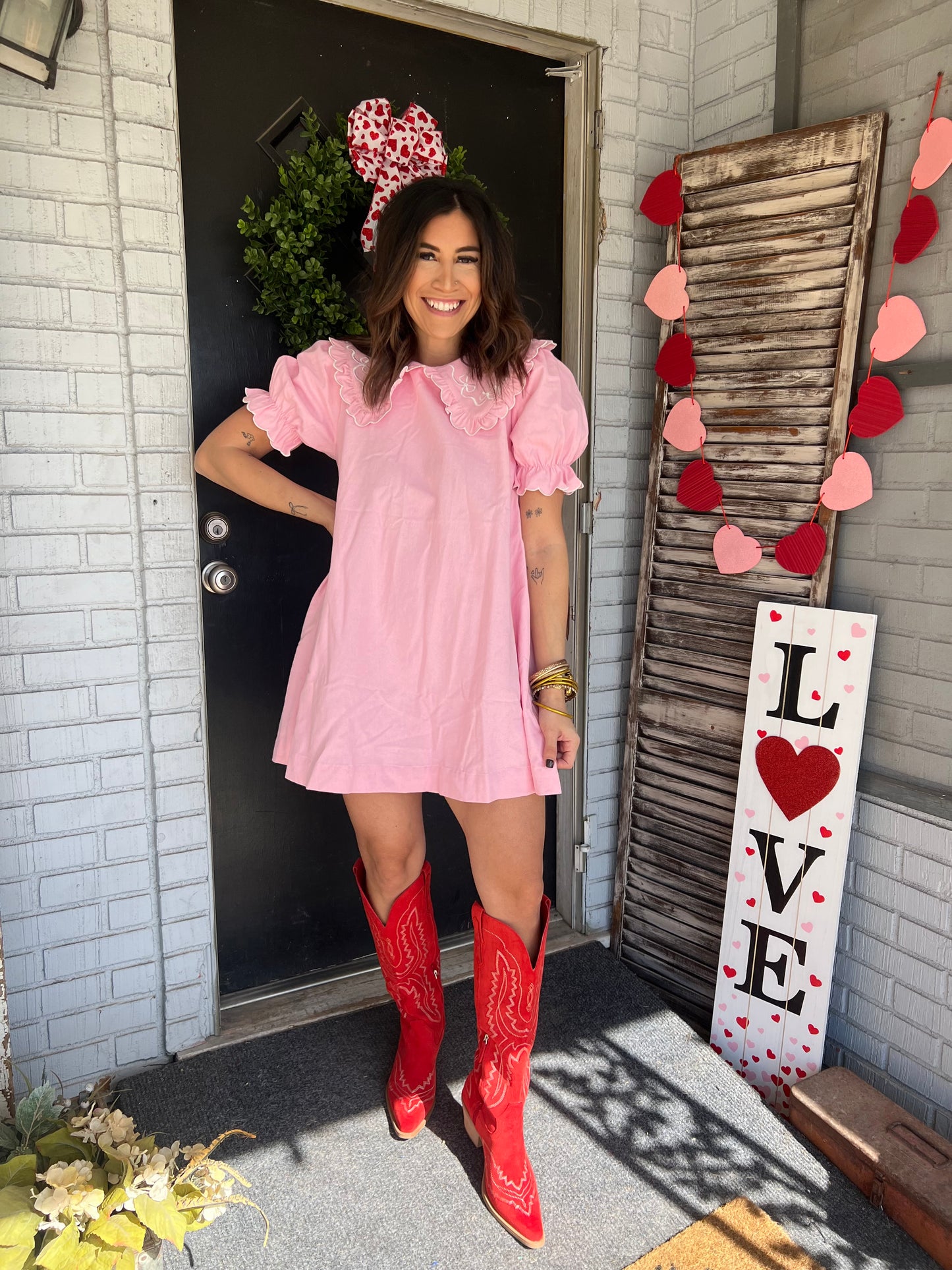 Ruffle Collar Pink Denim Dress