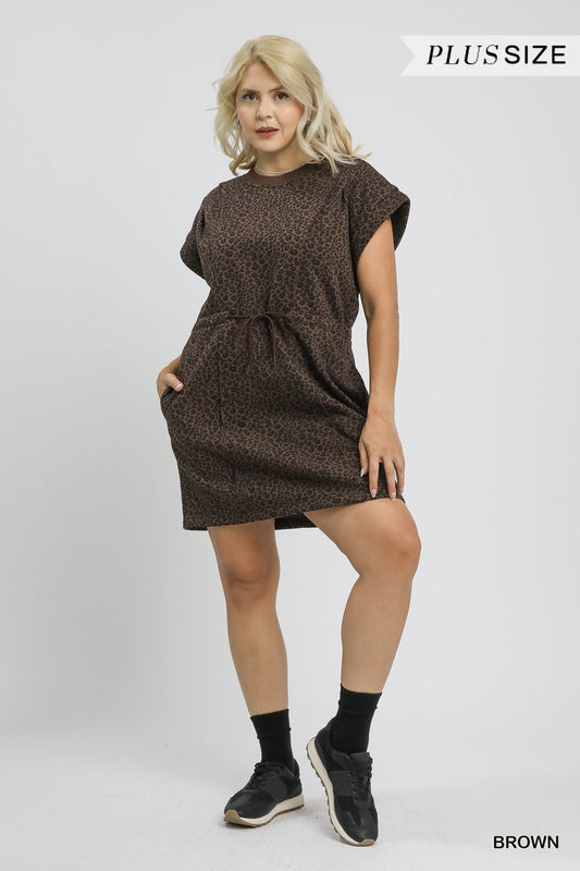 Leopard Print Knit Dress with Drawstring Waist