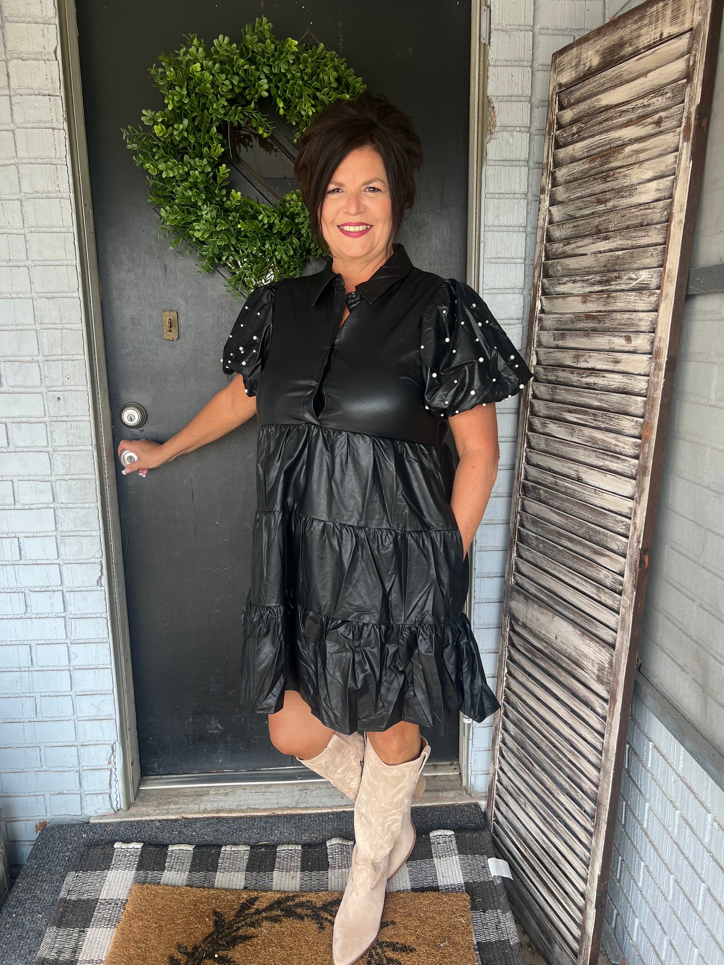 Olivia Leather Pearl Sleeve Dress