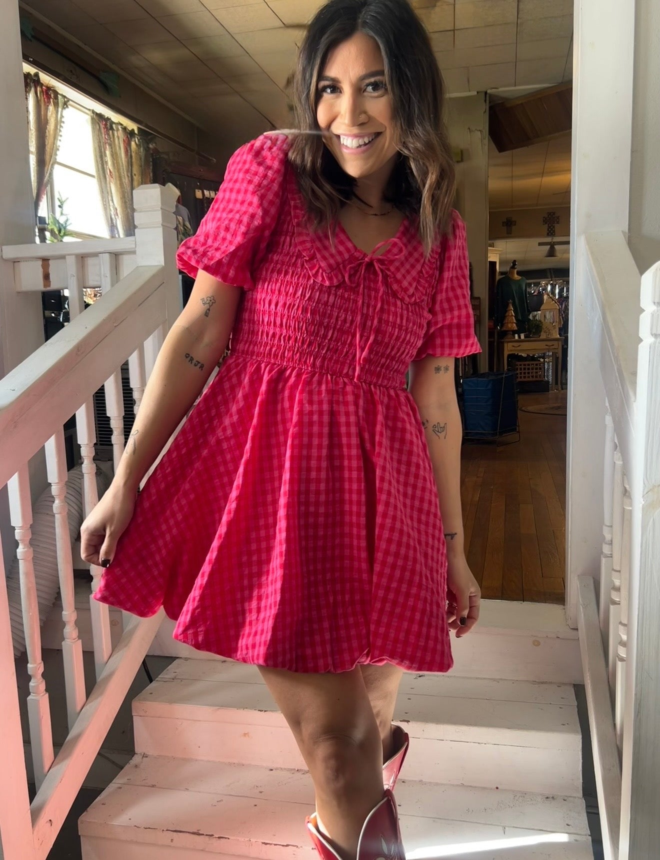 Gingham Smocked Mini Dress
