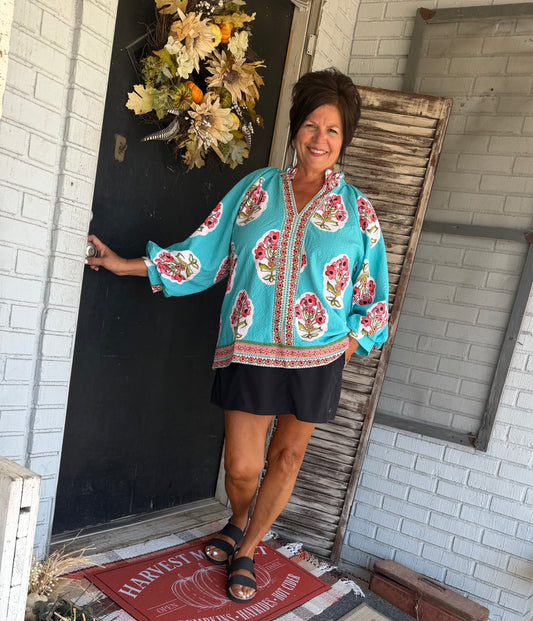 Cindy Floral Long-sleeve Curvy Top