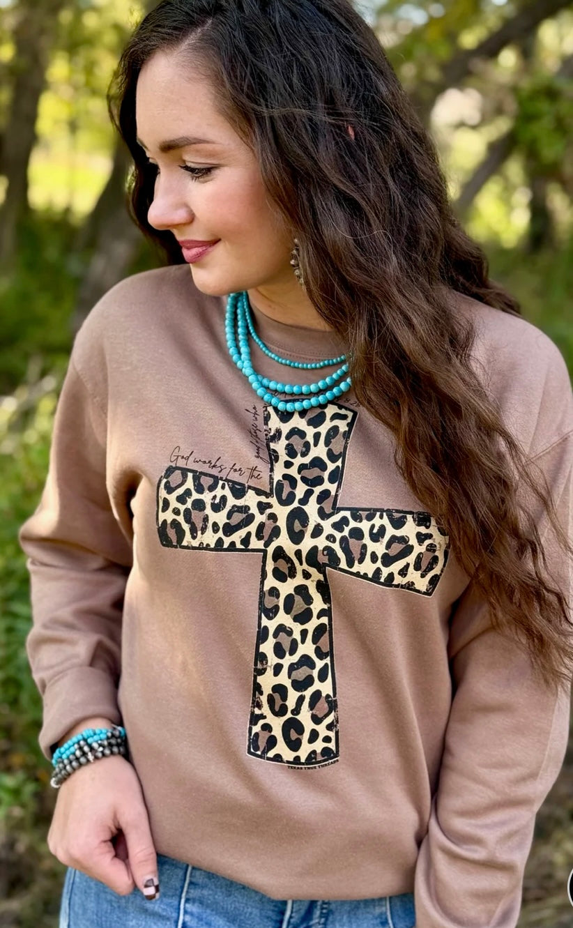 Leopard Cross Romans 8:28 Sweatshirt