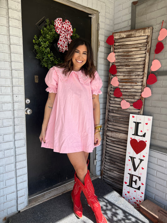 Ruffle Collar Pink Denim Dress