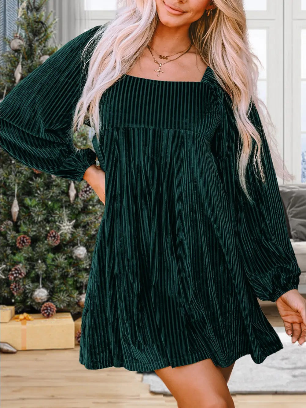 Velvet Ribbed Green Mini Dress