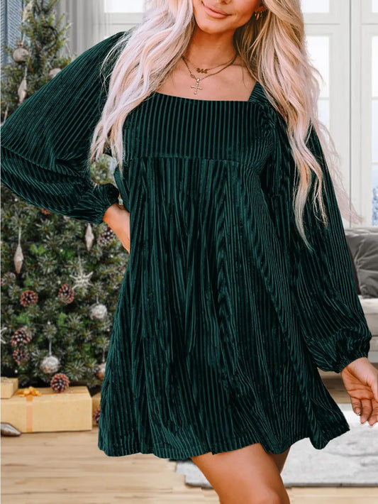 Velvet Ribbed Green Mini Dress
