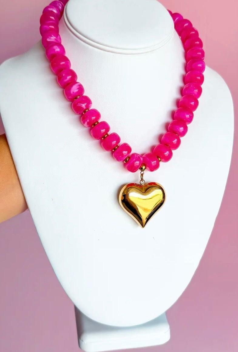 Chunky Beaded Necklace with Heart Charm