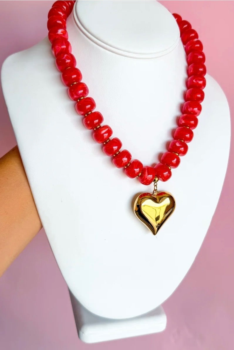 Chunky Beaded Necklace with Heart Charm