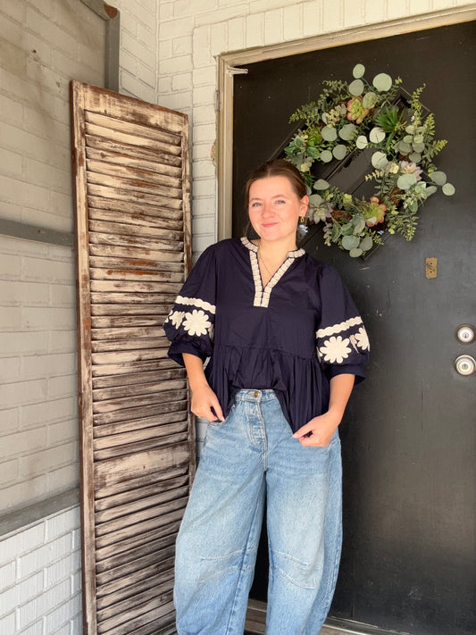 Nora Navy Embroidered Top