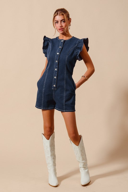 Lacy Button Up Denim Romper