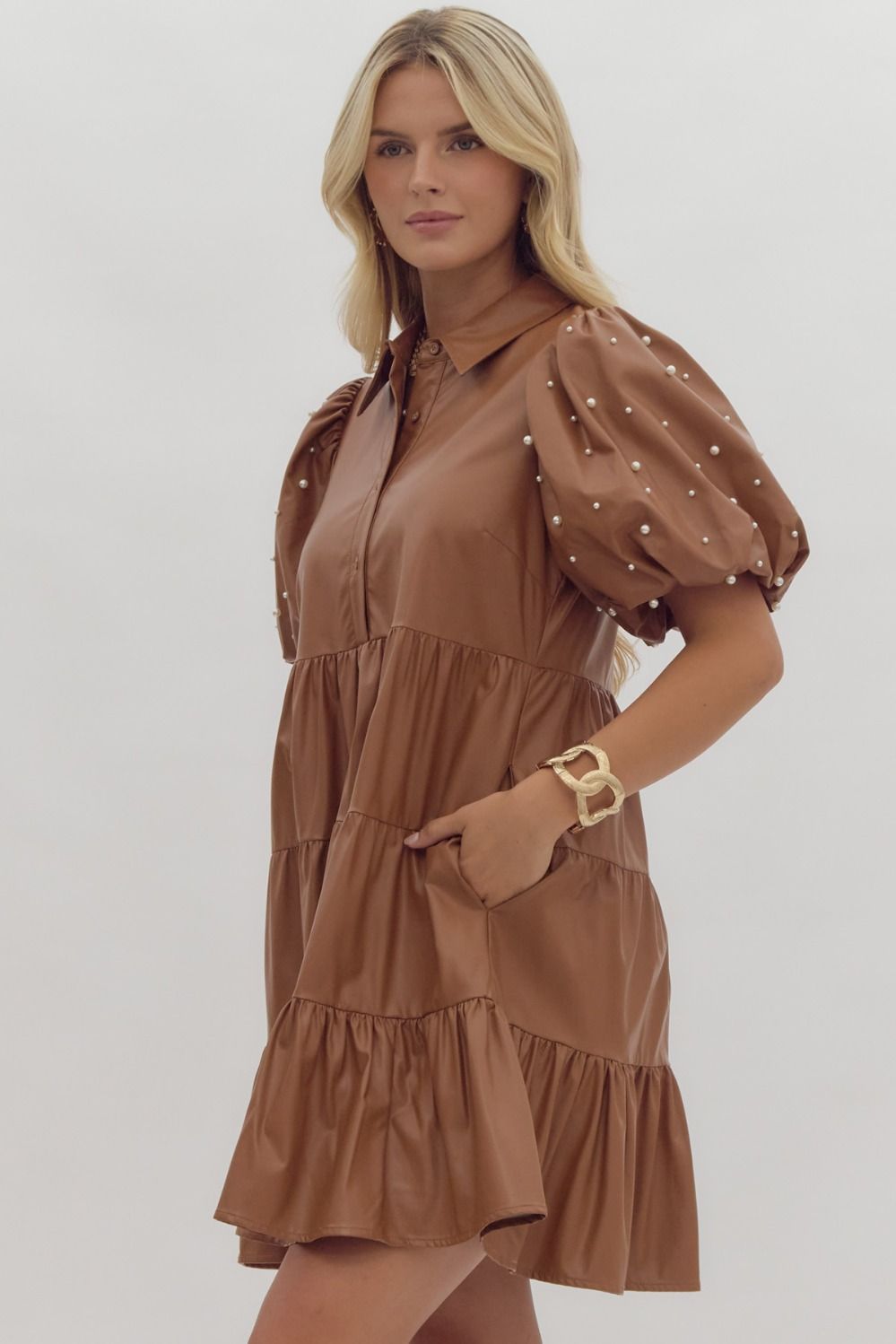 Olivia Leather Pearl Sleeve Dress