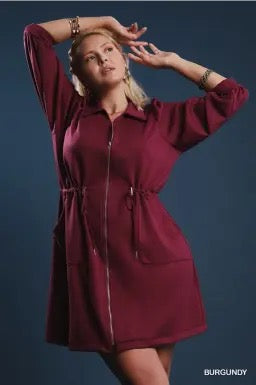 Zip Up Curvy Mini Dress with Drawstring Waist