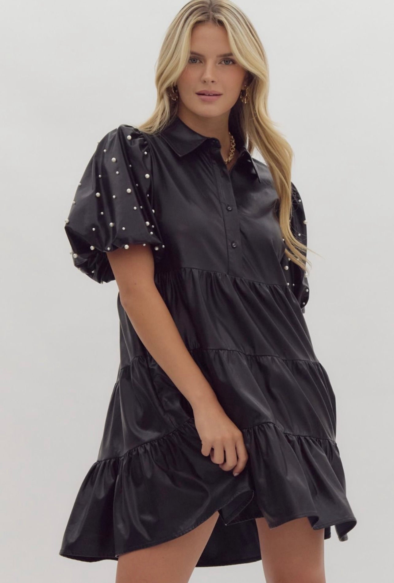 Olivia Leather Pearl Sleeve Dress