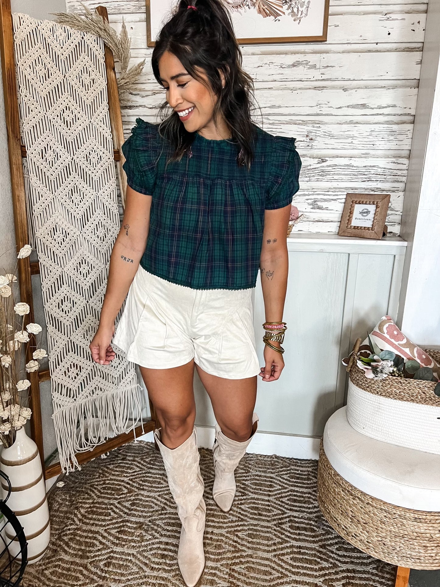 Carols Plaid Short Sleeve Crop Top