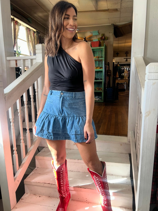 Ruffle Denim Skirt
