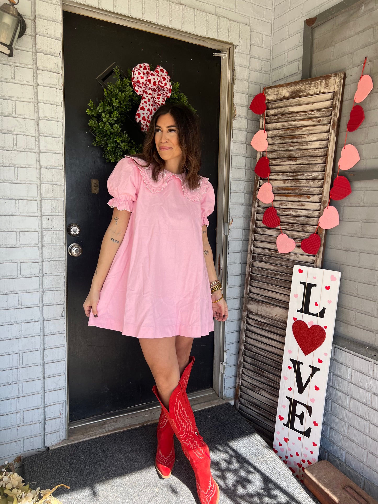 Ruffle Collar Pink Denim Dress