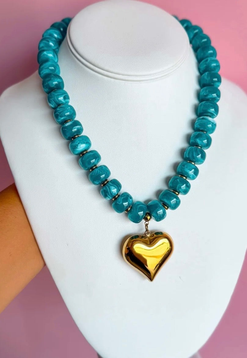 Chunky Beaded Necklace with Heart Charm