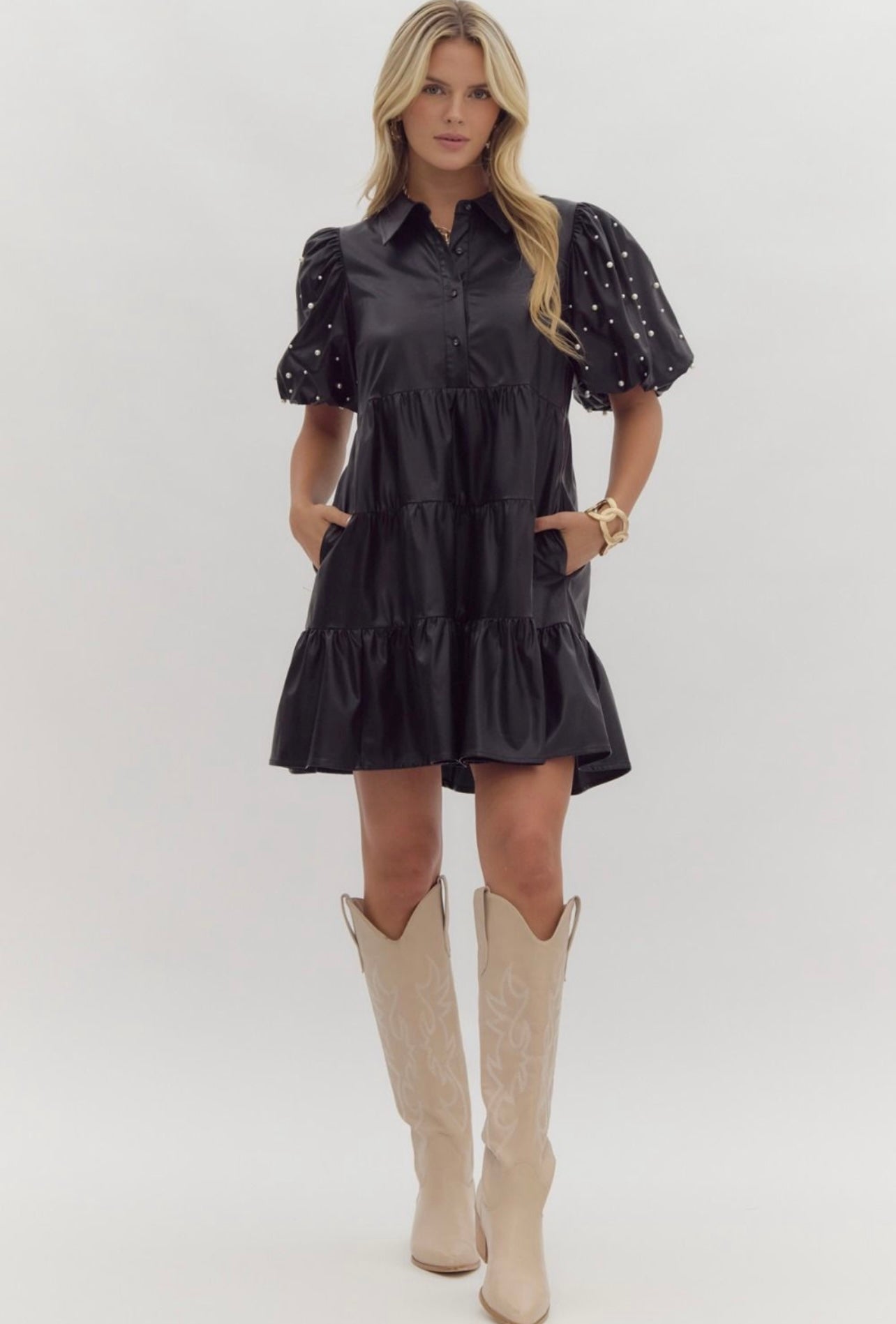 Olivia Leather Pearl Sleeve Dress