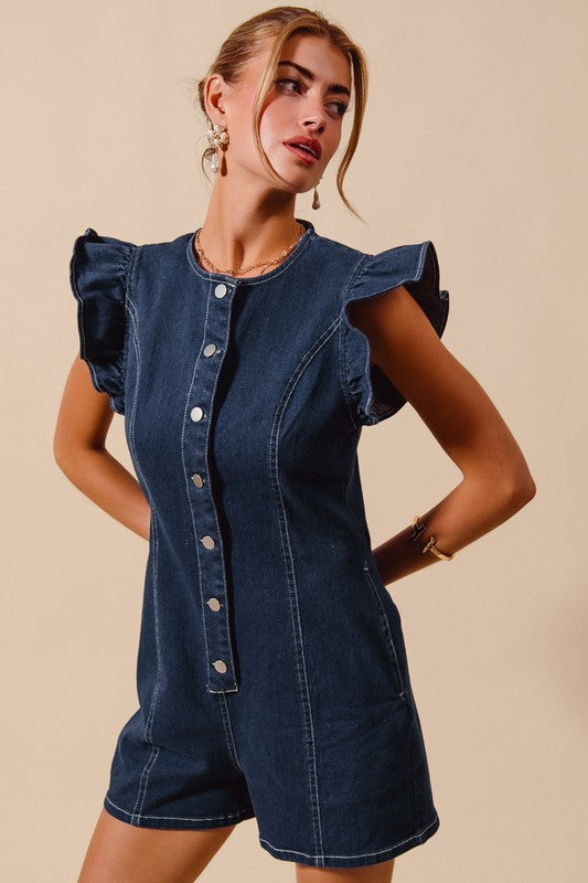 Lacy Button Up Denim Romper