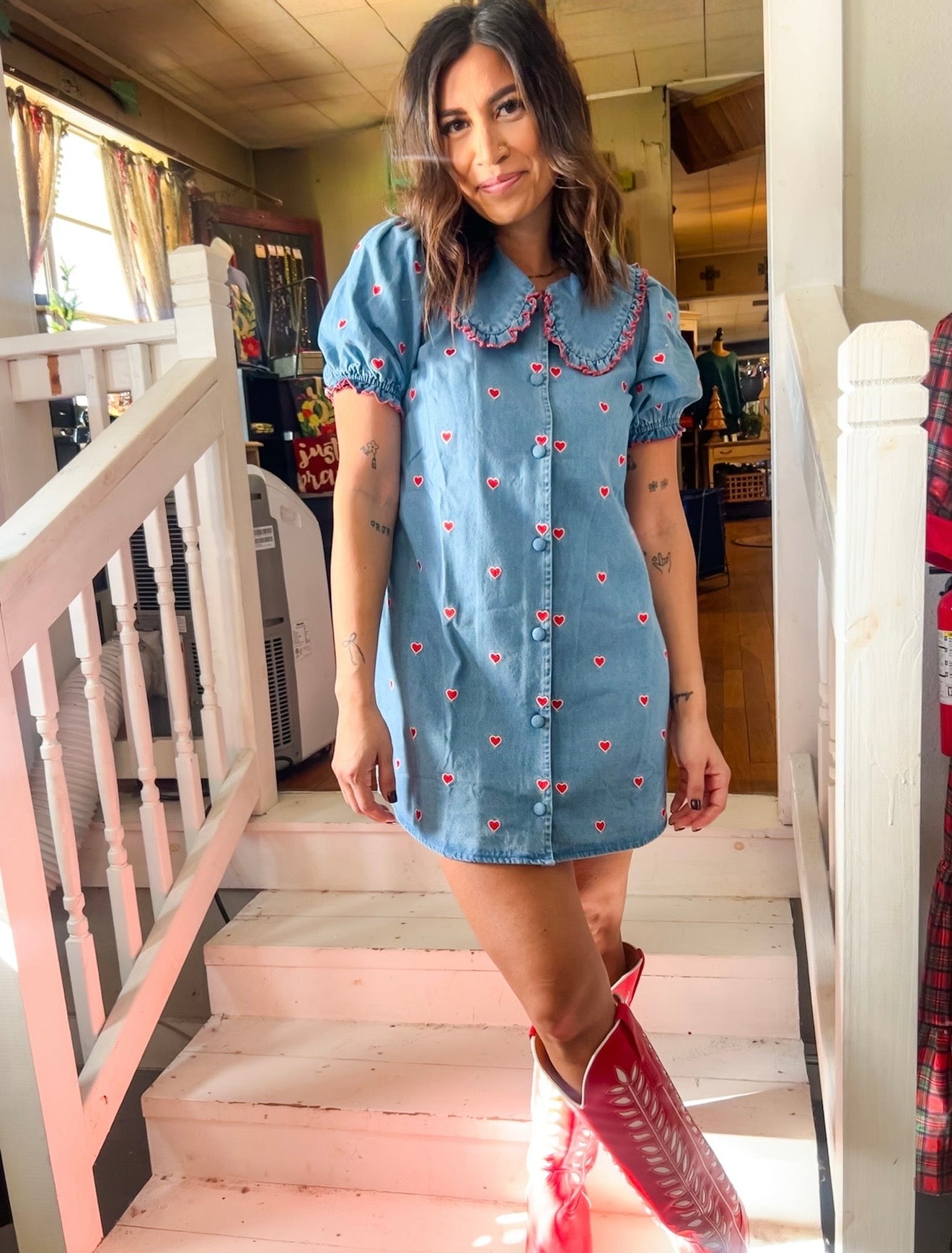 Hearts Embroidered Denim Dress W/ Collar