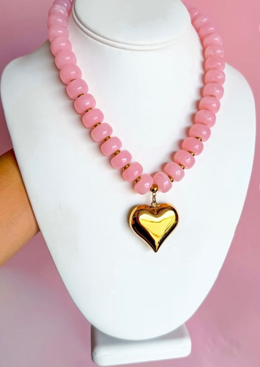 Chunky Beaded Necklace with Heart Charm