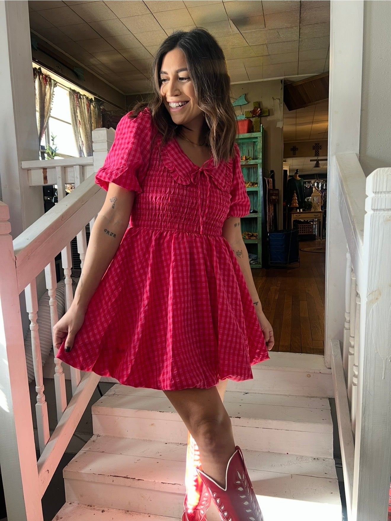 Gingham Smocked Mini Dress