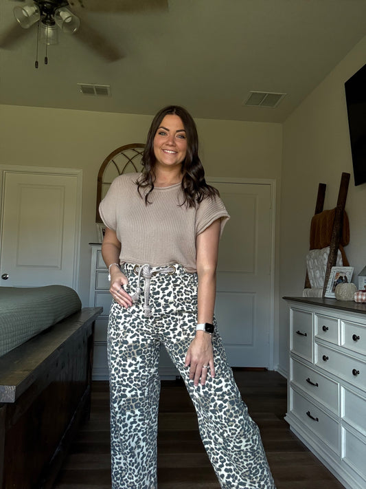 Braided Waist Belt Leopard Pants