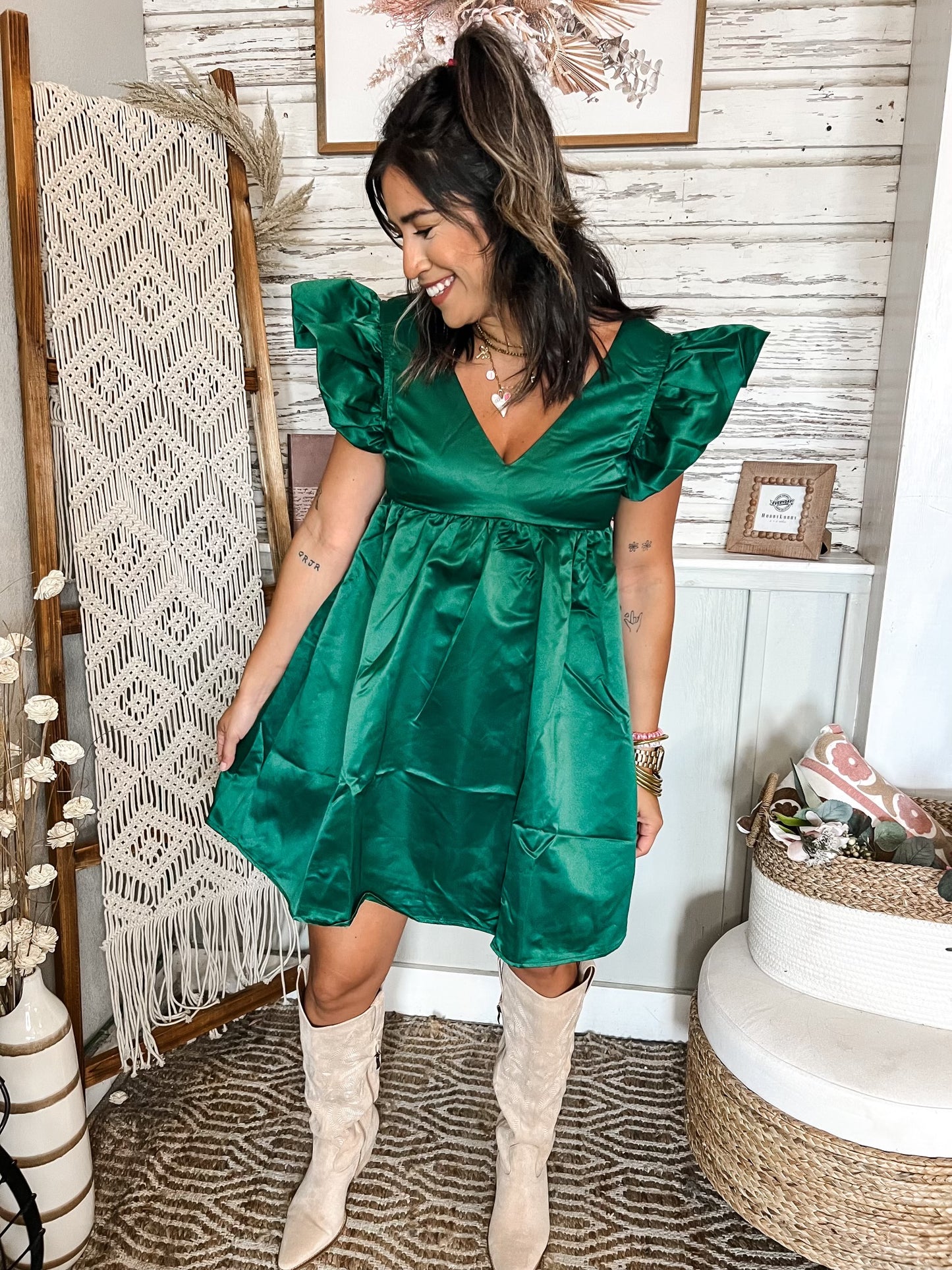 Emme’s Emerald Satin Mini Dress