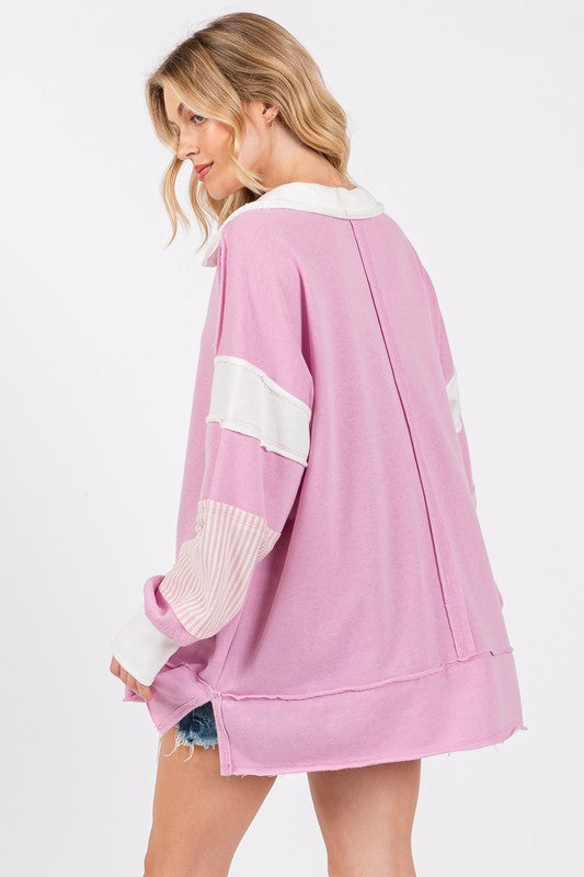 Striped Oversized Pullover Collared Sweatshirt