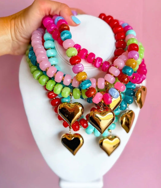 Chunky Beaded Necklace with Heart Charm