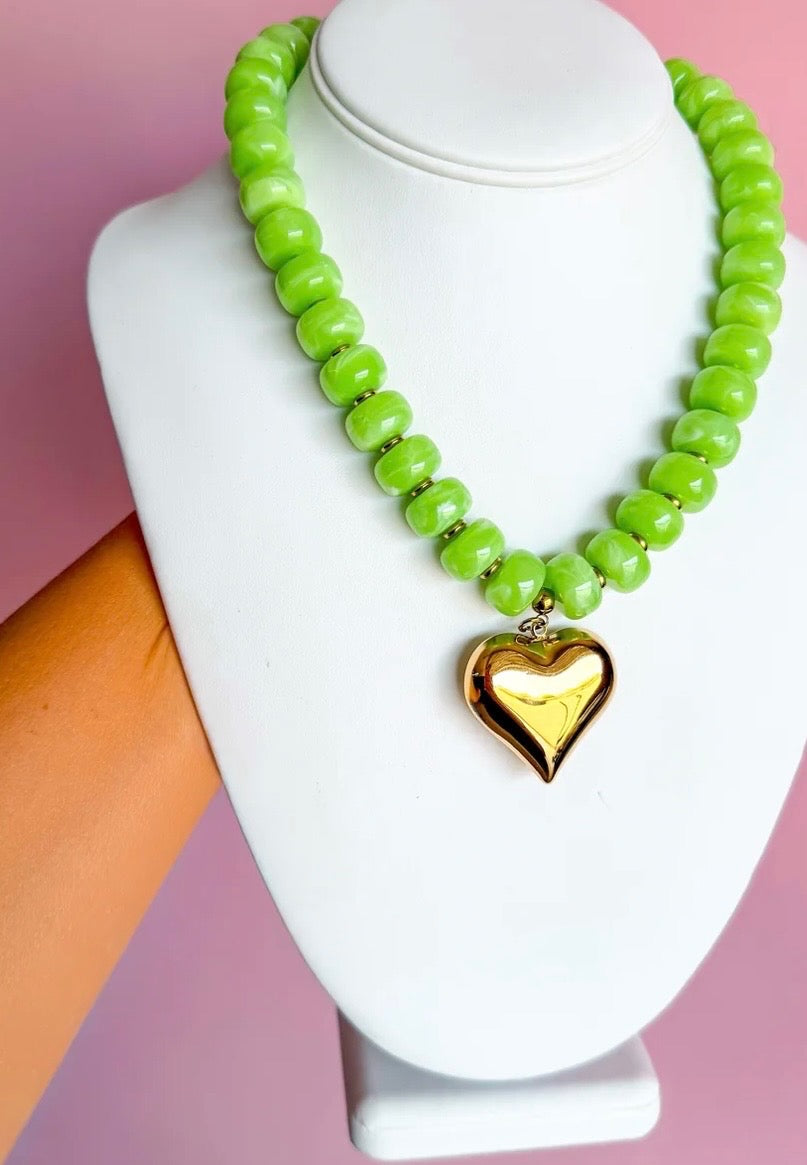 Chunky Beaded Necklace with Heart Charm