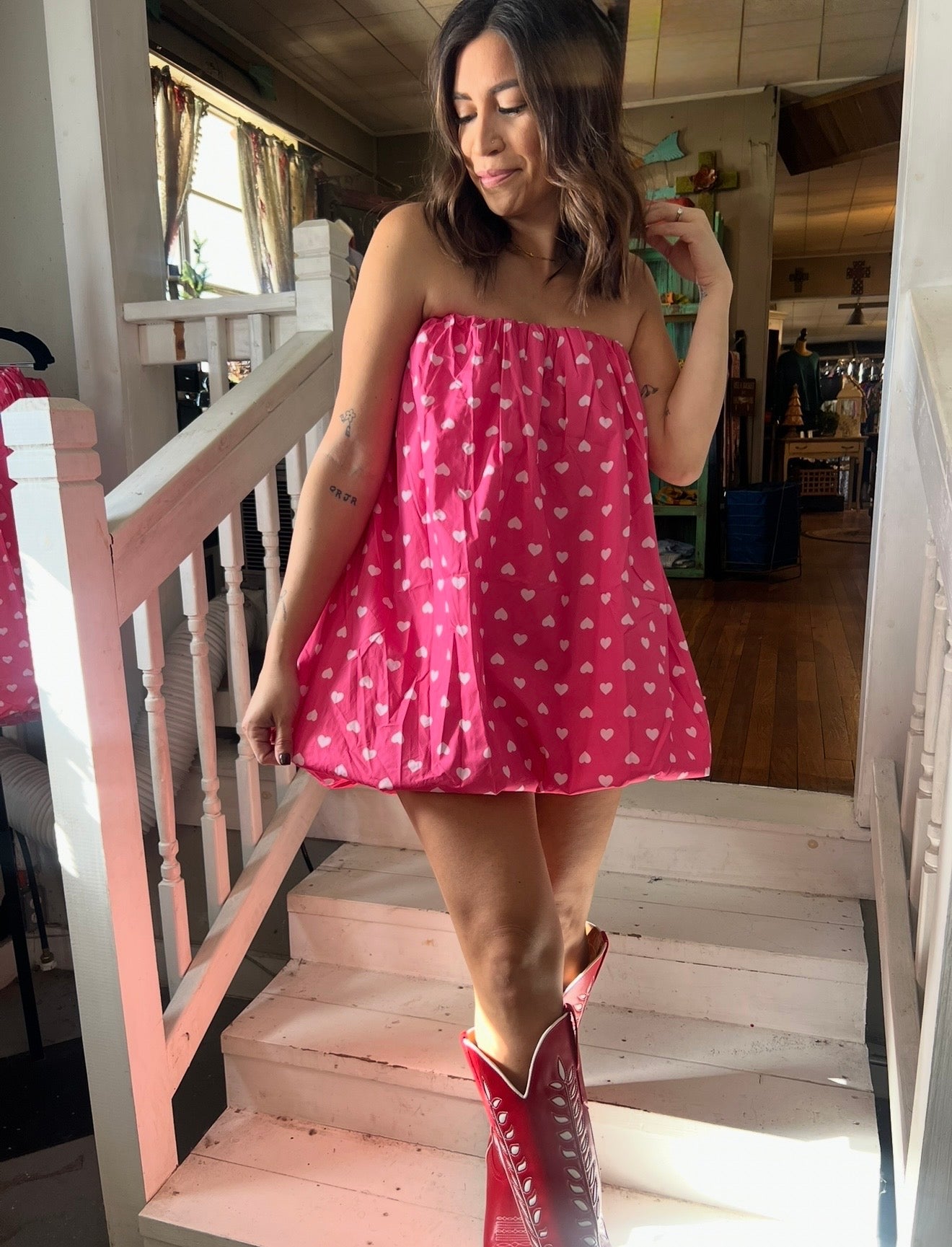 Strapless Heart Print Balloon Dress