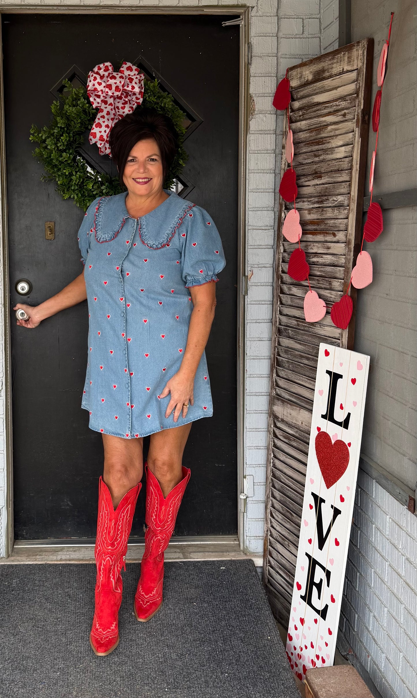 Hearts Embroidered Denim Dress W/ Collar