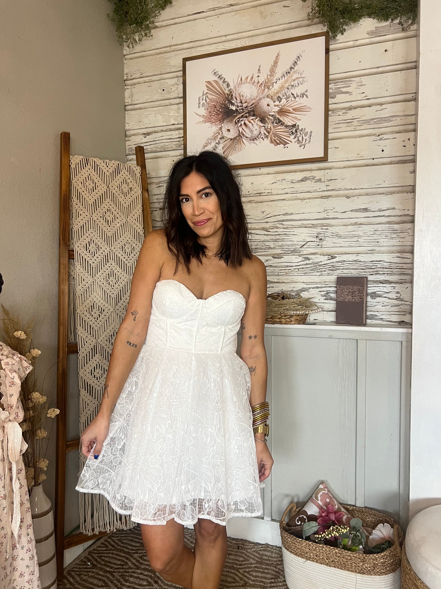 Strapless White Lace Dress