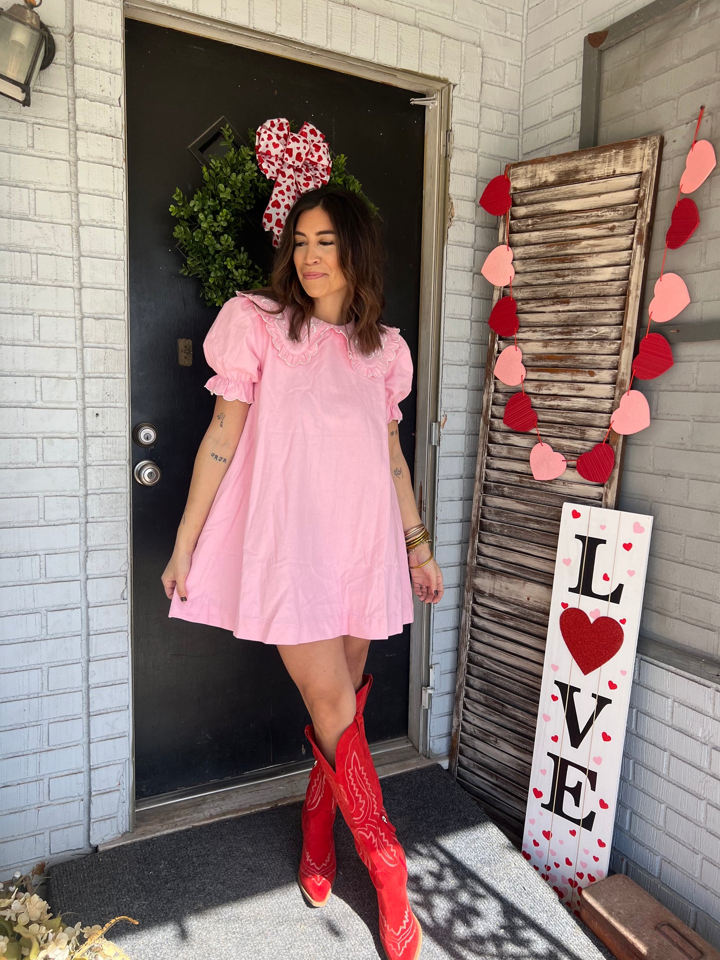 Ruffle Collar Pink Denim Dress