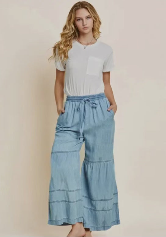 Washed Denim Wide Leg Pants